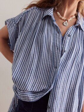 Free People / We The Free - Sun Beams Indigo Shirt - Indigo Stripe - Size L